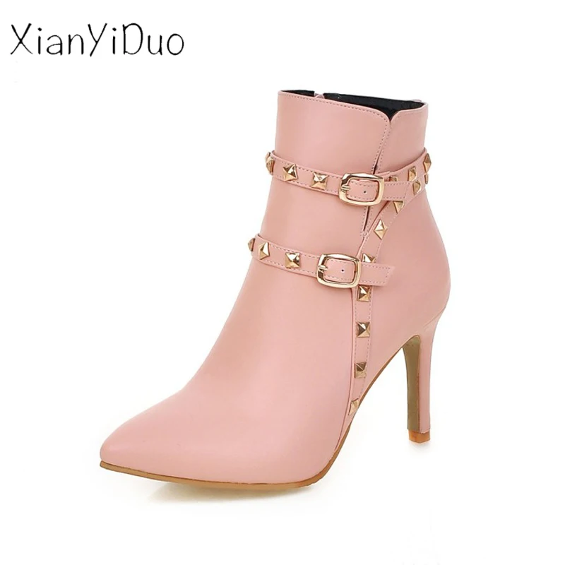 

xianyiduo 2019 Spring/Autumn Women's Shoes Ankle Boots high heel Pointed Toe big size 40-43 Rivet short plush zipper White /A6