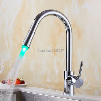 

GIZERO Kitchen Pull Out Faucet Swivel 360 Rotate Hot And Cold Chrome Polished LED Dual Mode Spout Sink Mixer ZR702