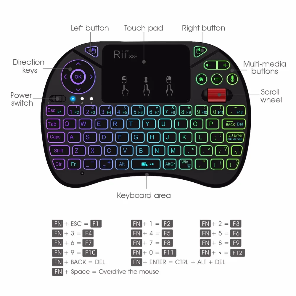  RII X8+ 2.4GHz Mini Wireless Keyboard With Touchpad Voice Search Changeable Color LED Backlit Recha