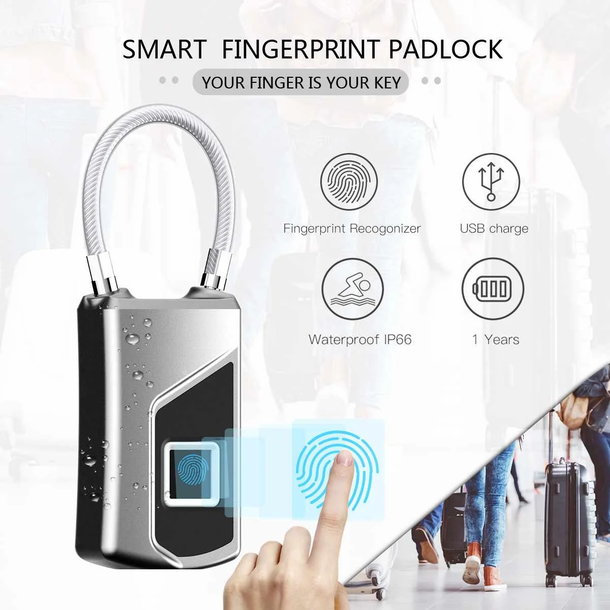 

USB Rechargeable Smart Keyless Fingerprint Lock IP65 Waterproof Portable Anti-Theft Security Mini Padlock Door Luggage Case Lock