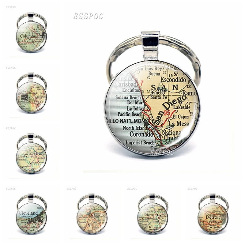 

American Cities Map Glass Pendant Keychain Seattle San Diego Miami Oakland Fashion Souvenir Keyring Jewelry Gifts For Traveler