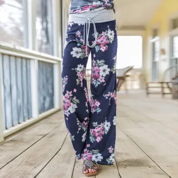 

Wontive Drawstring Wide Leg Pants Loose Straight Trousers Long Female Plus Size Trousers Casual Women Autumn Flower Print Pants