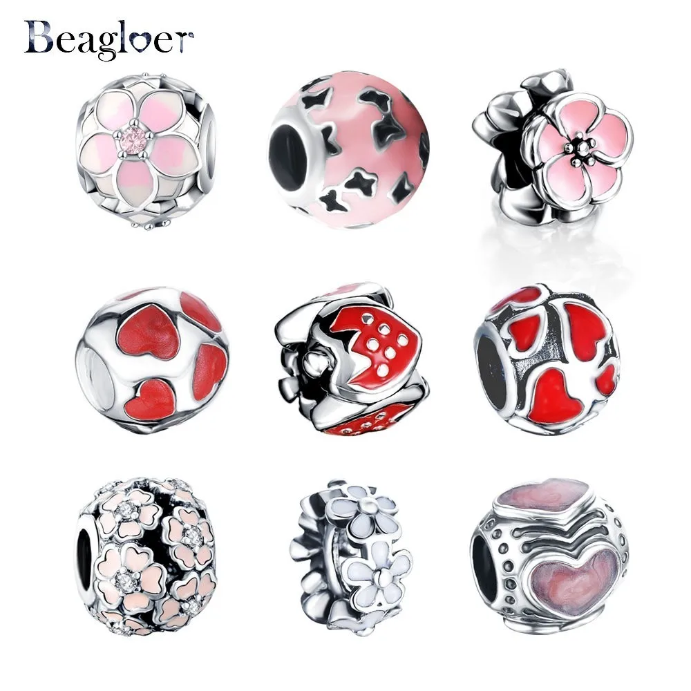 Beagloer Серебряное сердце цветок эмаль подвески подходят оригинальный Pandora