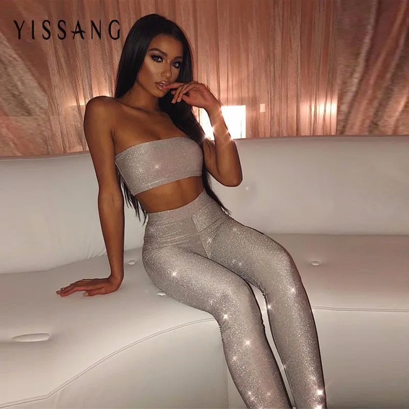 

Yissang Sexy Solid Two Piece Sets Women Jumpsuit Club Short Crop Top And Long Pants Glitter Bling Party Suits 2 Piece Set