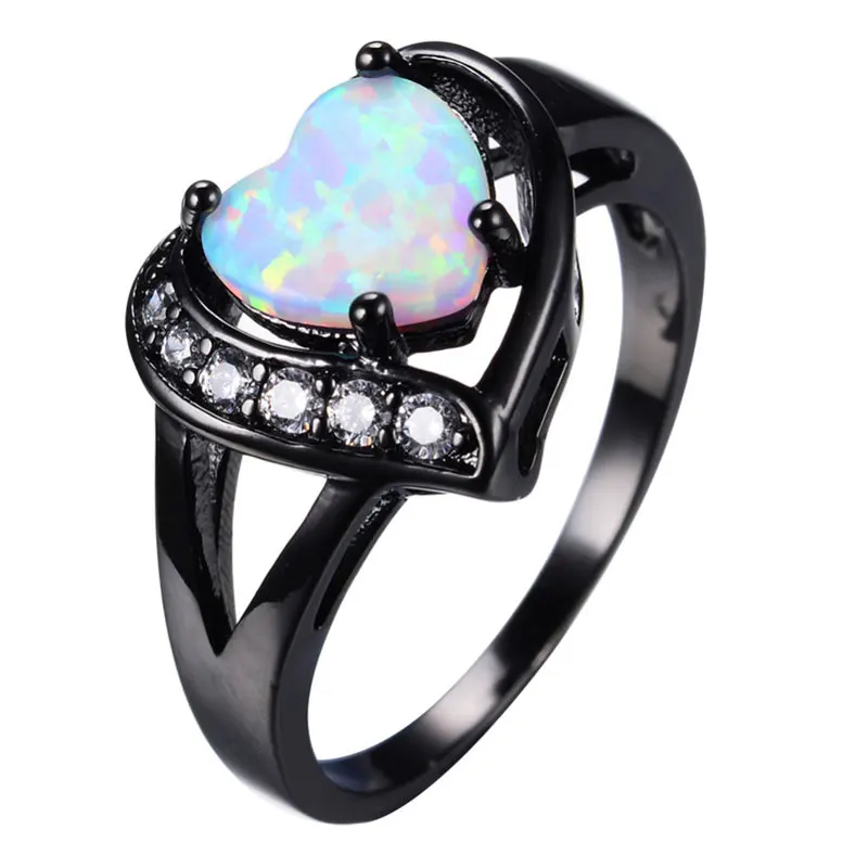 

Sexy Mom Femme Heart Design Oval Rainbow Fire Opal Ring Jewelry For Women Black Titanium Wedding Engagement Rings Bague