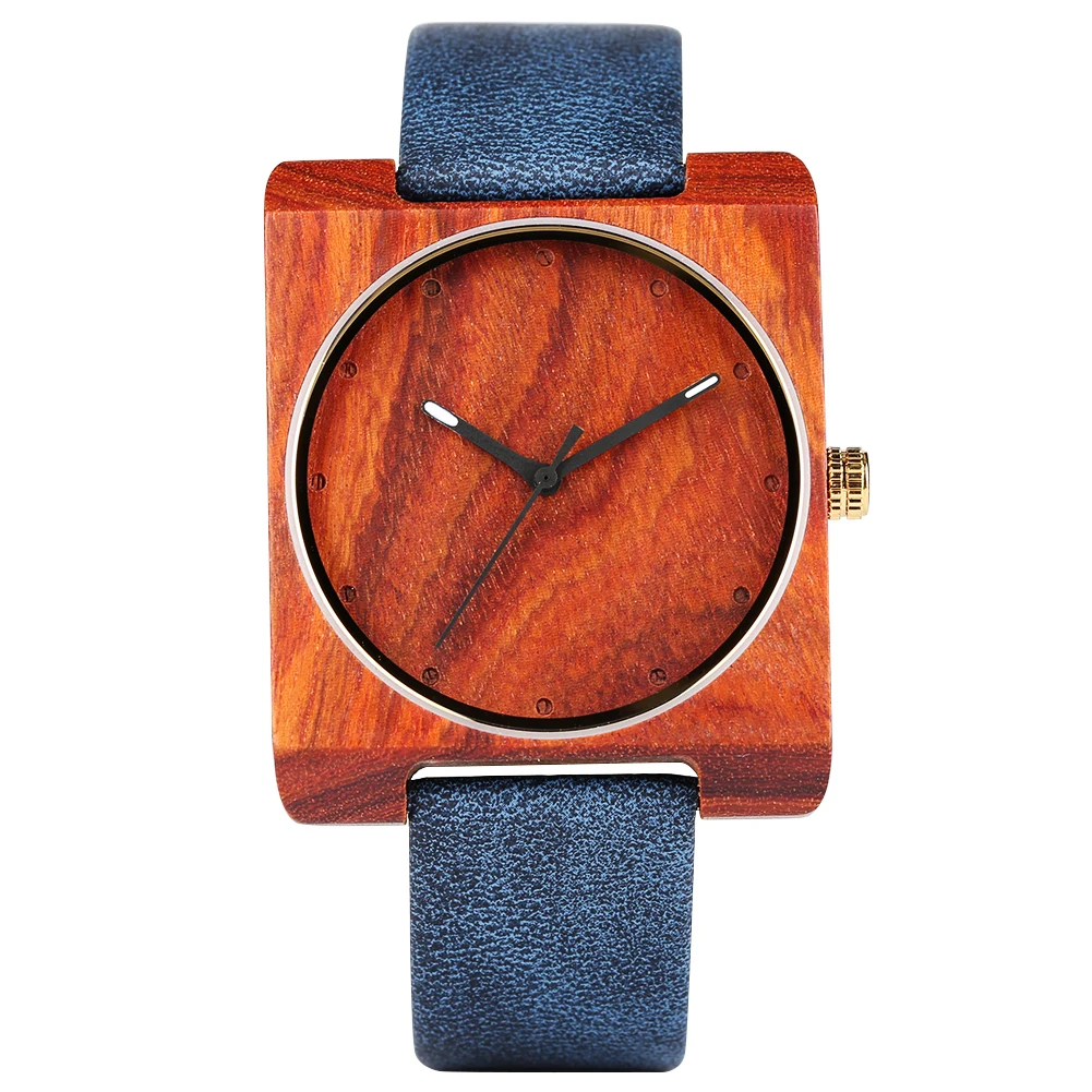 

Creative Women Quartz Wooden Watch Simple Analog Display with Blue Leather Band reloj para mujer Elegant Lady Top Gifts Item