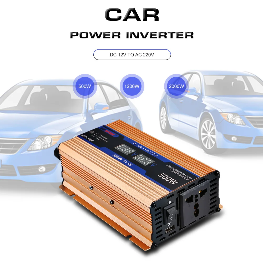

Power Inverter Solar Converter DC 12V to AC 220V LED Display with USB Port 500W 1200W 2000W for Car Home