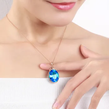 

Sea Blue Topaz Sapphire Pendants 14K Rose Golden Goose Egg-shaped Coloured Necklace for Women Chalcedony Colgante Bizuteria