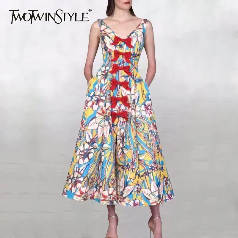 

TWOTWINSTYLE Spring Print Sleeveless Women Dress Off Shoulder High Waist Bowknot Midi Dresses Female Fashion 2019 Casual New