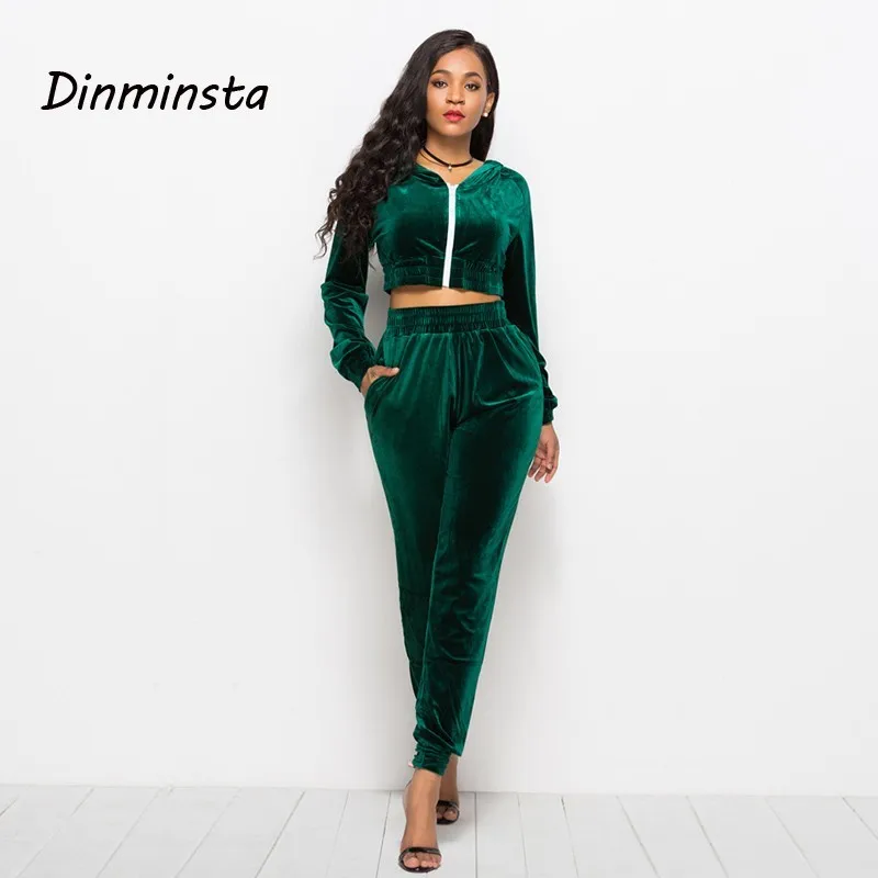 

Dinminsta Women New Spring 2 Piece Set Long Sleeve Zipper Hooded Crop Tops And Full Length Pants Female Casual Velvet Tracksuits