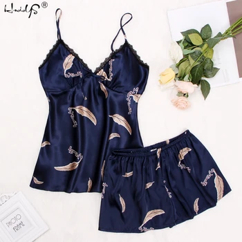 

Feather Printing Satin Women Pajama Sets Sexy Spaghetti Strap Sleeveless Cami Top and Shorts Pajama Set Women Summer Sleepwear