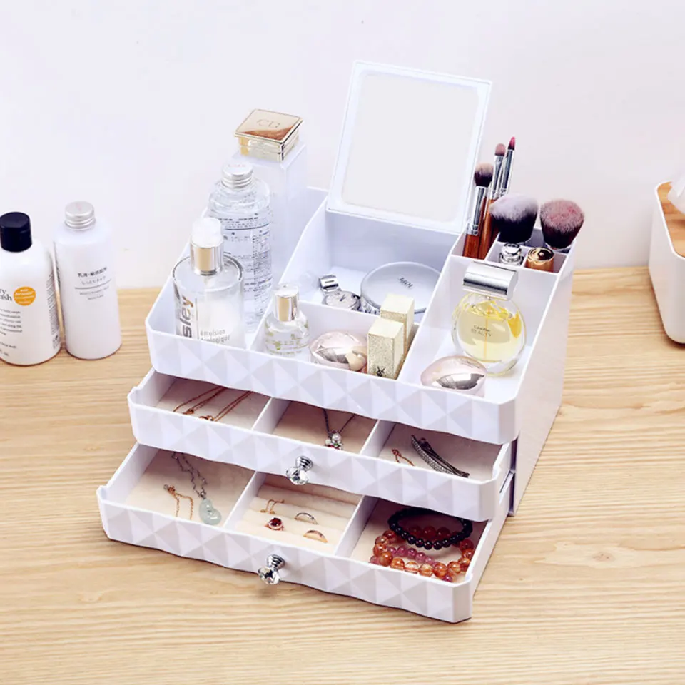 

Makeup Organizer Drawers White Makeup Organizer For Cosmetics Storage Box Plastic Desktop Necklace Jewelry Case Brush Holder