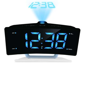 

Table Clocks USB Charging Function Arc Radio Projection Alarm Clock Desk Large LED Mirror Watch Electronic Digital Luminous