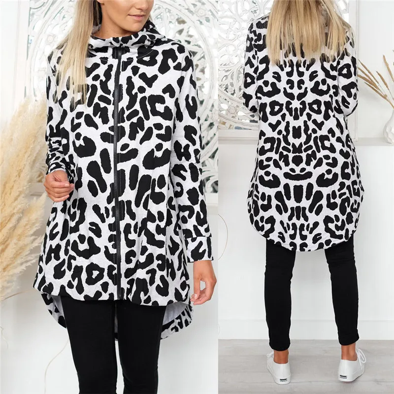 

2019 Summer Leopard Long Jacket Coat Loose Asymmetrical Tops Regular size Kimono Polyester Fit Tops Long Sleeve Zipper Coats