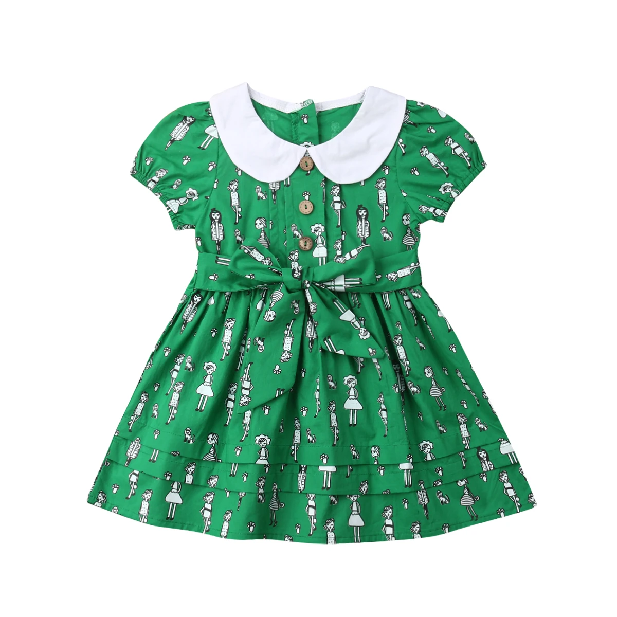 

1-5Y Summer Cute Pretty Infant Kids Baby Girls Dress Cartoon Print Peter Pan Collar Knee-Length A-Line Dress