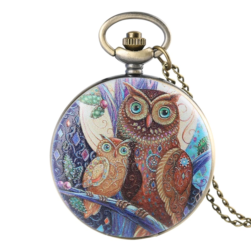 

Unique 3D Owl Face Cover Colorful Quartz Pocket Watch Necklace Jewelry Pendant Steampunk Clock Hours Gifts for Men Young People
