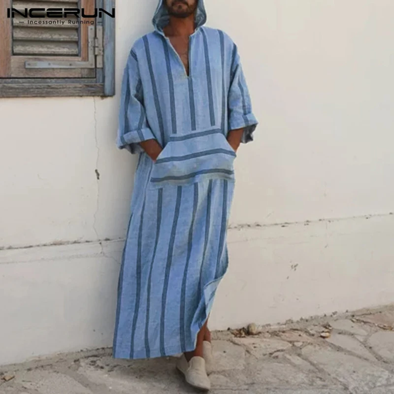 

INCERUN Men T Shirt Stripe Hooded V-neck Long Sleeve Pockets Long T-shirt Men Loose Casual Vintage Islamic Arab Kaftan Polyester