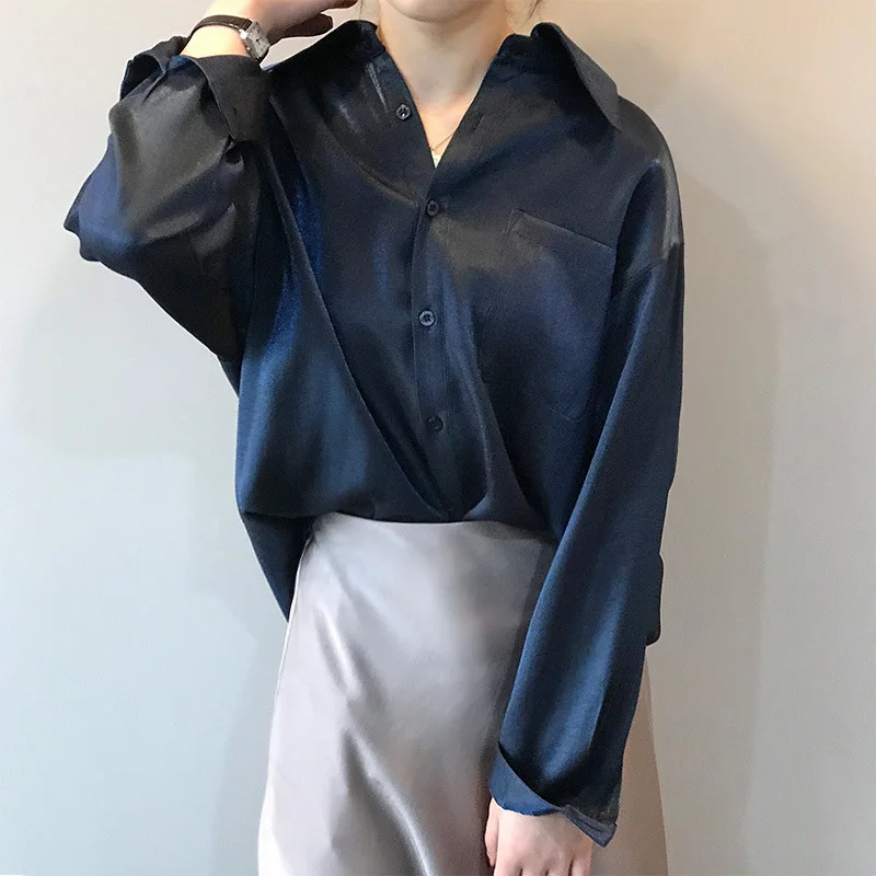

Mooirue Spring 2019 Women Casual Satin Shirt Thin Satin Turn-down Collar Long Sleeve Blue Blusas Lady Summer Boyfriend Shirts