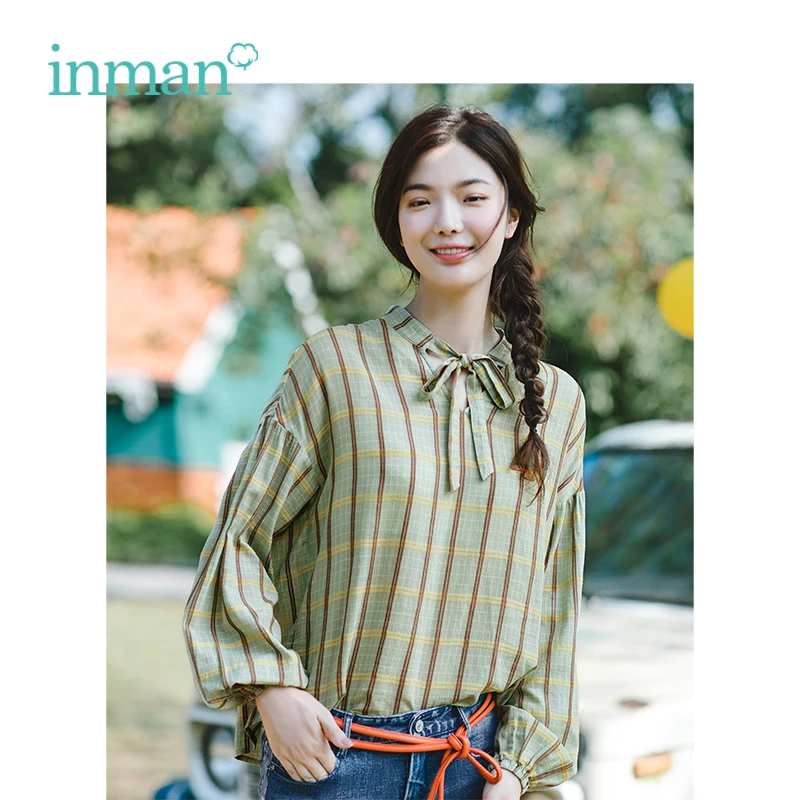 

INMAN 2019 Spring New Arrival V-neck Retro Plaid Casual All Matched Loose Women Shirt