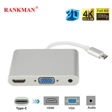 Rankman USB3.1 Type C to HDMI VGA 3.5mm Audio Adapter USB-C Converter Cable for Macbook Google Chromebook TV