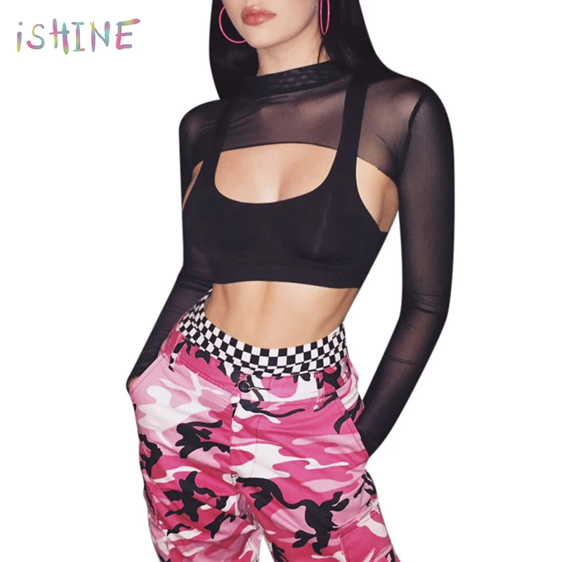 

Summer Sexy See Through Short T-shirt Mesh O Neck Long Sleeve Sheer Black Transparent T-shirt Ladies Short Crop Top
