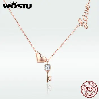 

WOSTU Hot Sale 925 Sterling Silver & Gold Color The Key Of Heart Pendant Necklace For Women Wife Anniversary Jewelry Gift DXN292