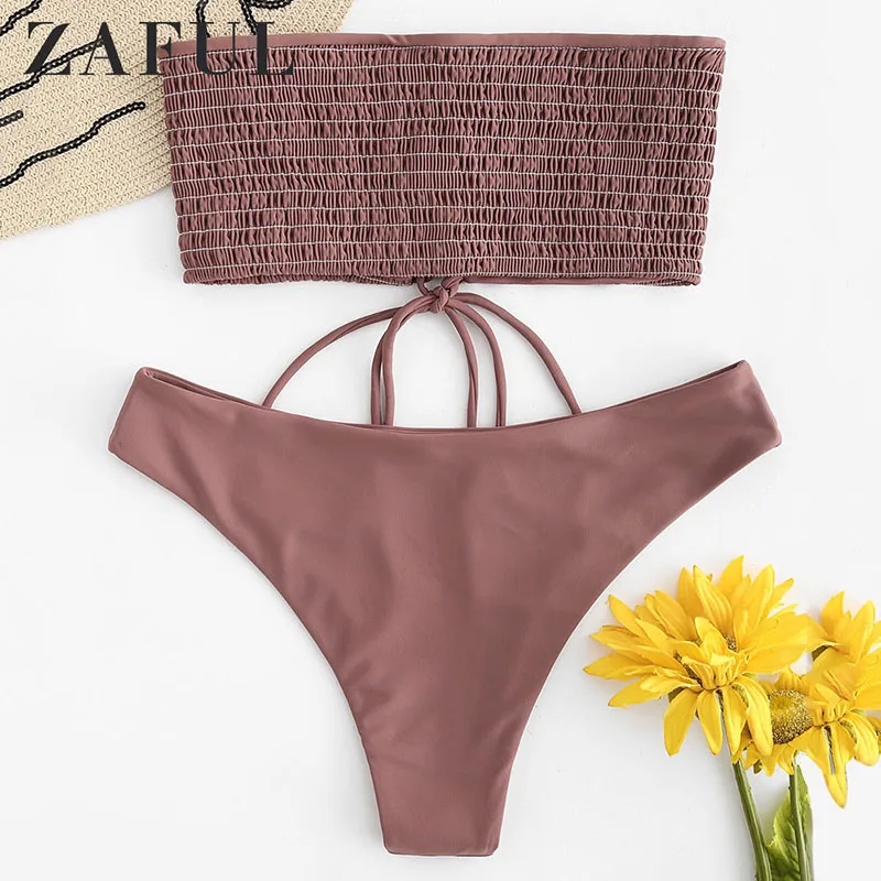 

ZAFUL Lace-up Smocked Bandeau Bikini Set Women High Cut Bikini Swimwear Female Swimsuit Sexy Bathing Suits Biquini Feminino