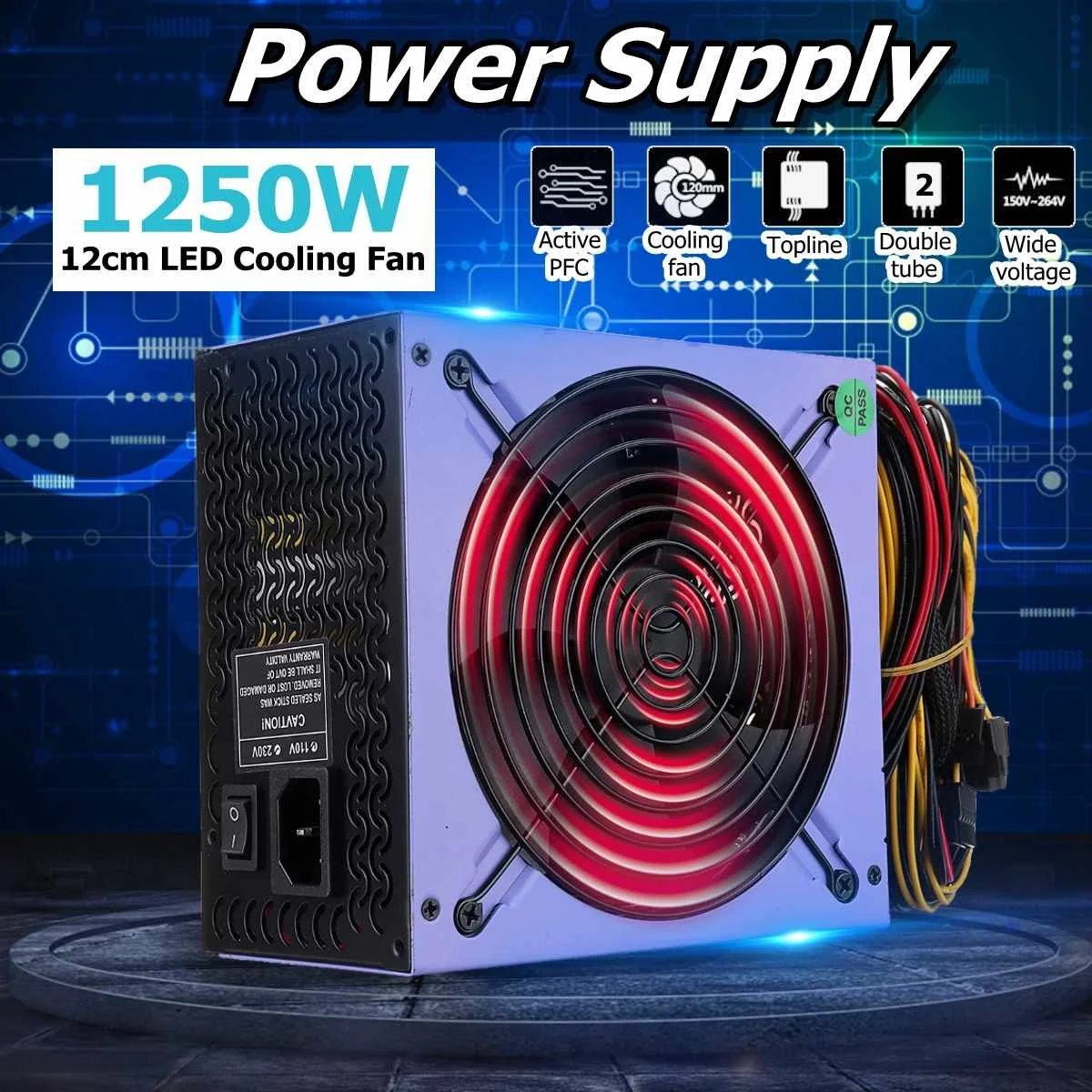  Max 1250W PC Power Supply 12cm LED Fan 24 Pin PCI SATA ATX AMD PFC 12V Computer Gaming Power Supply