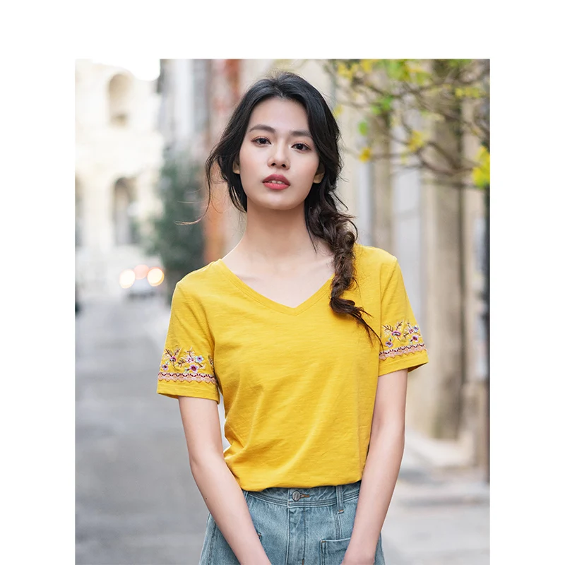 

INMAN 2019 Summer New Arrival Elastic Cotton Elegant Embroidery Peach Collar Short Sleeve Literary All Matched Women T-shirt