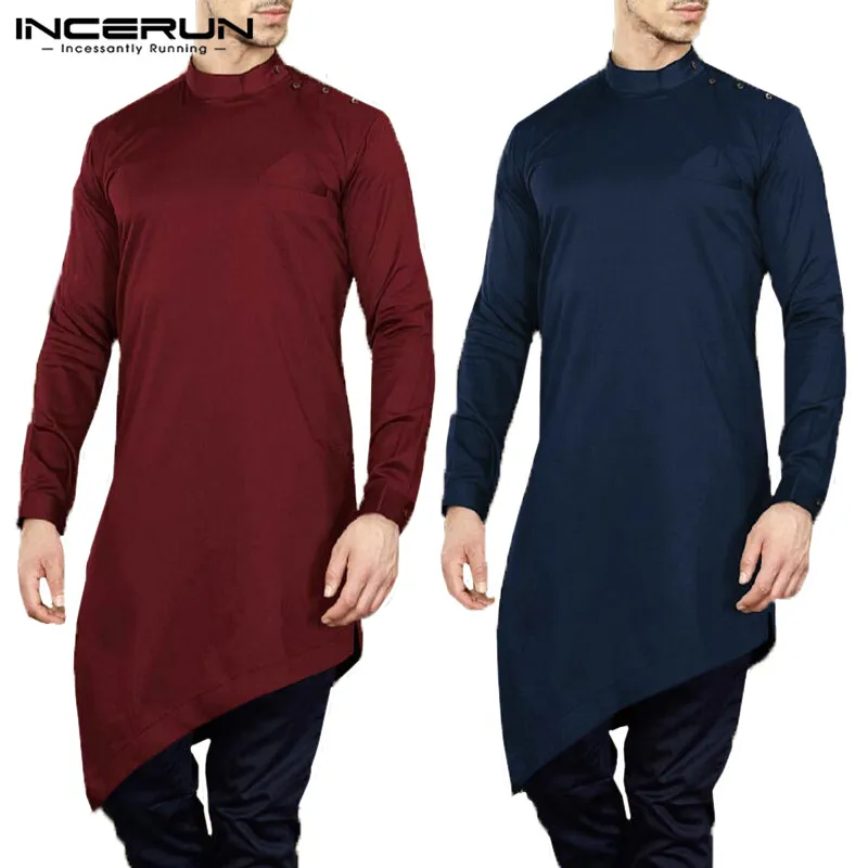 INCERUN Для мужчин s рубашки с длинным рукавом Solid Курта костюм Длинные Топы мусульманское исламское арабских кафтан Для мужчин Повседневное