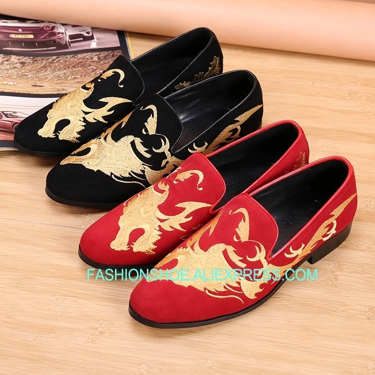 

Red Black Flats Loafers Genuine leather Slip on Boats Groom Wedding Dress Shoes Dragon Embroidery Mens Casual Shoes Plus Size 46