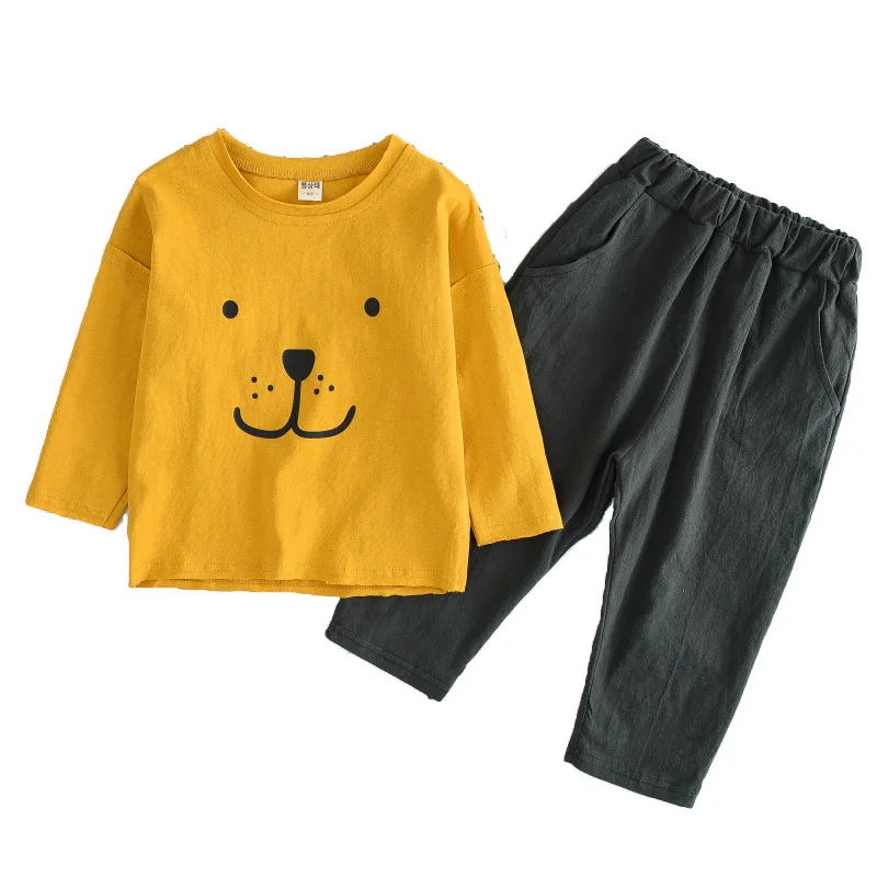 

Spring 2019 kids cotton cartoon sports suits boys girls long sleeve pullover + linen pants 2pcs sets casual boy clothing set
