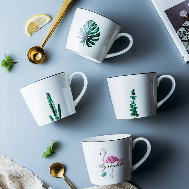 

Instagram Hot Large Capacity Swig Breakfast Cornmeal Mug Hand Drawn Green Plant Coffee Coffe Cup Creative Teacup Cafe Taza Gato