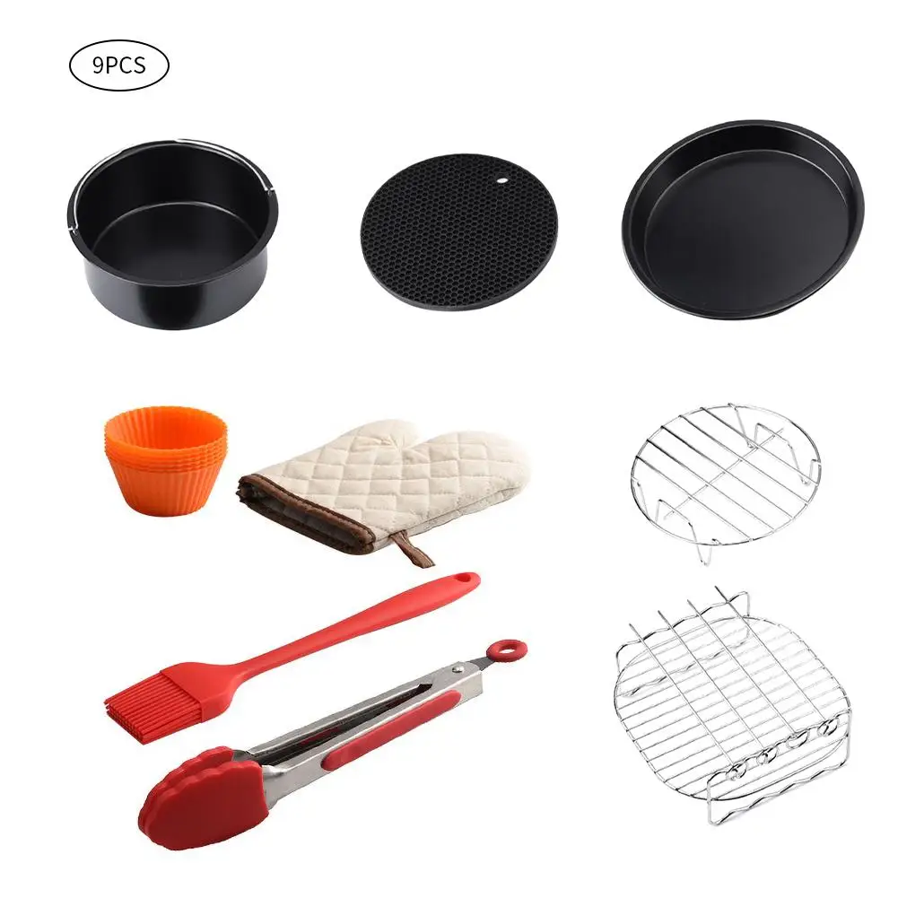 

9pcs Household Air Fryer Accessories Set Electric Fryer Baking Basket Pizza Pan Grill Pot Pan Holder Brush Clip Kitchen Tool Set