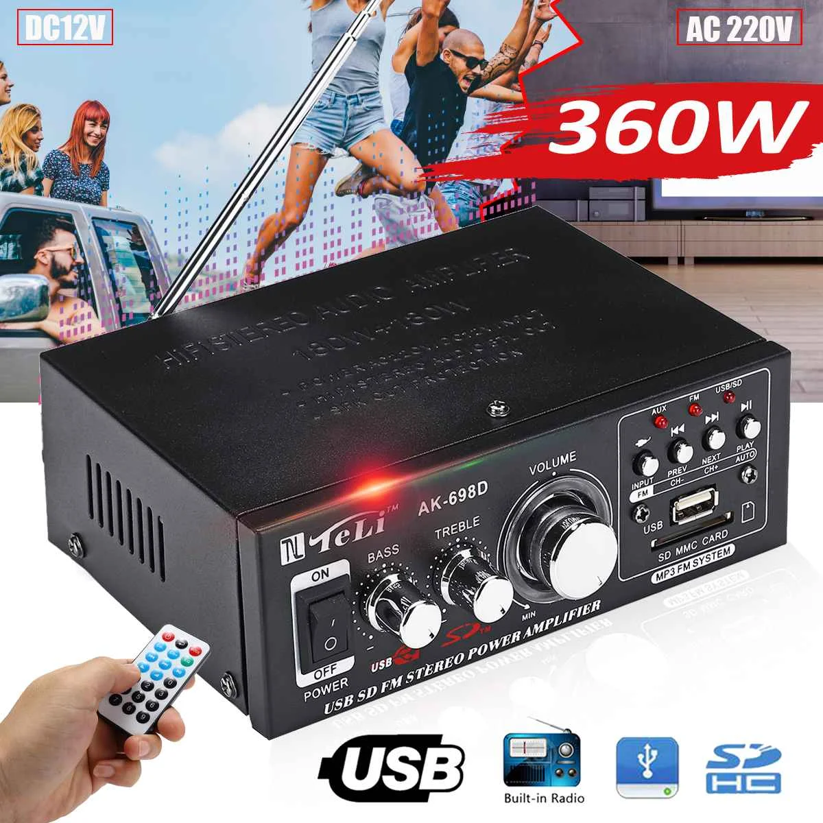 

360W 12V/ 220V HIFI Mini Audio Amplifier Stereo Power Music Player FM Radio 2CH USB/SD Car Amplificador Home Theater Amplifiers