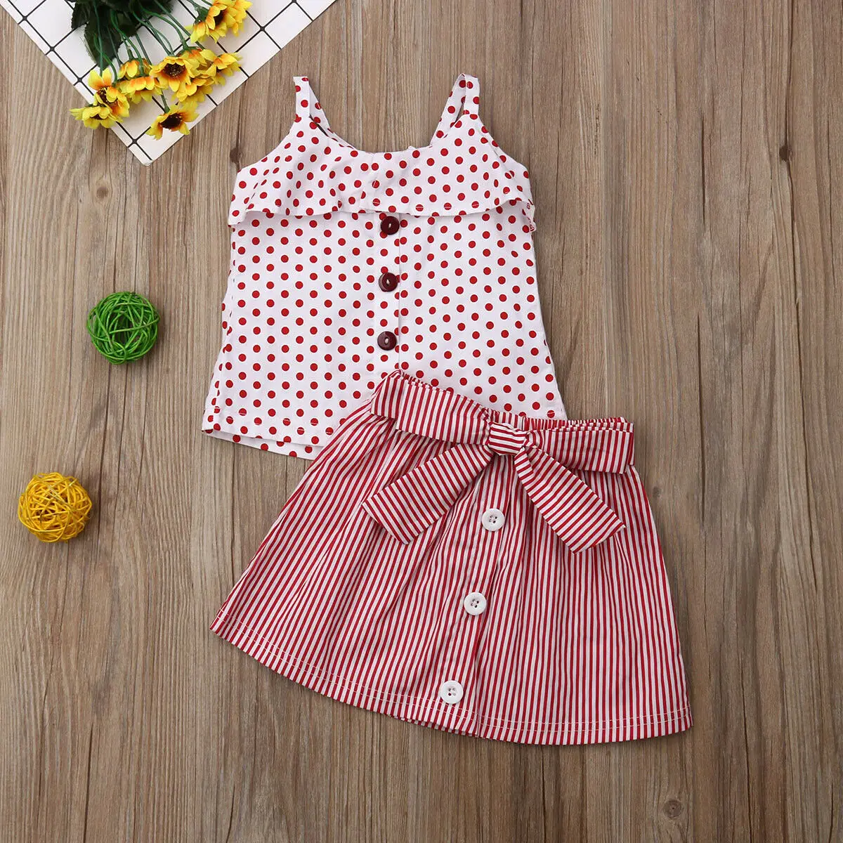 

2PCS Toddler Newborn Kids Baby Girl Red Polka Dot Sleeveless Tops Shirt Striped Skirt Set Outfits Clothes