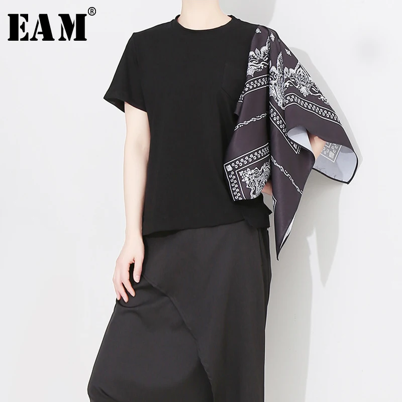 

[EAM] 2019 New Spring Summer Round Neck Short Sleeve Back Loose Pattern Patch Split Joint T-shirt Women Fashion Tide JS961