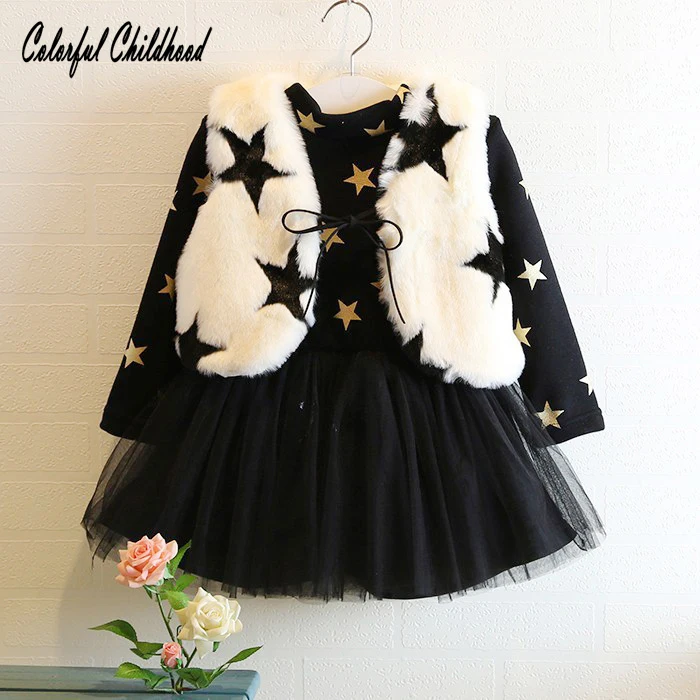 

Kids Girls Clothes Sets Thicken Velvet Star Pattern Patch Work Dress +lovely Waistcoat 2 Pieces Sets Kid Winter Warm Costume
