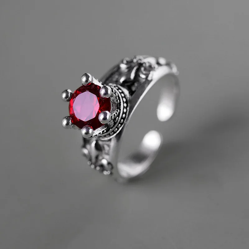 

100% 925 Sterling Silver Open Ring Vintage Queen Crown Heart Red CZ Rings for Women Fine Silver Jewelry Anel Gift