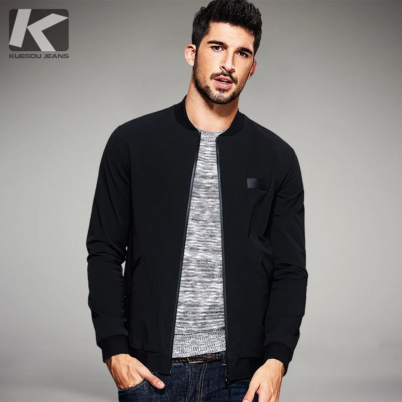 

KUEGOU New Spring Mens Casual Jackets And Coats Thin Black Color Brand Clothing For Man's Slim Fit Clothes Male Wear Tops 2067