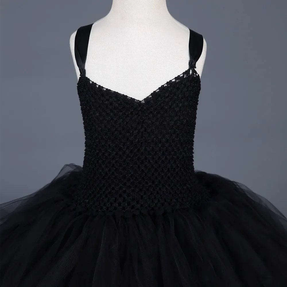 Черное платье для девочек со шлейфом, фатиновое детское бальное платье для девочек, детские костюмы на Хэллоуин для девочек, детское праздничное платье-пачка с цветами