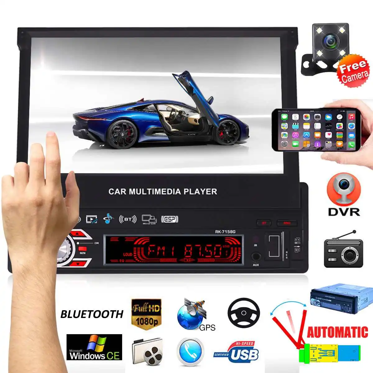 

1 DIN 7" HD Auto Retractable Screen bluetooth Car Radio Stereo Multimedia Player GPS Navigation Remote Control + Rearview Camera