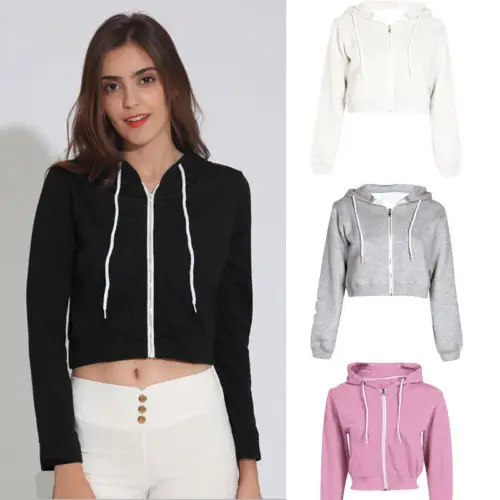 

US Newest Women Long Sleeve Hoodie Sweatshirt Zipper Casual Crop Top Coat Short Autumn Sweatershirt