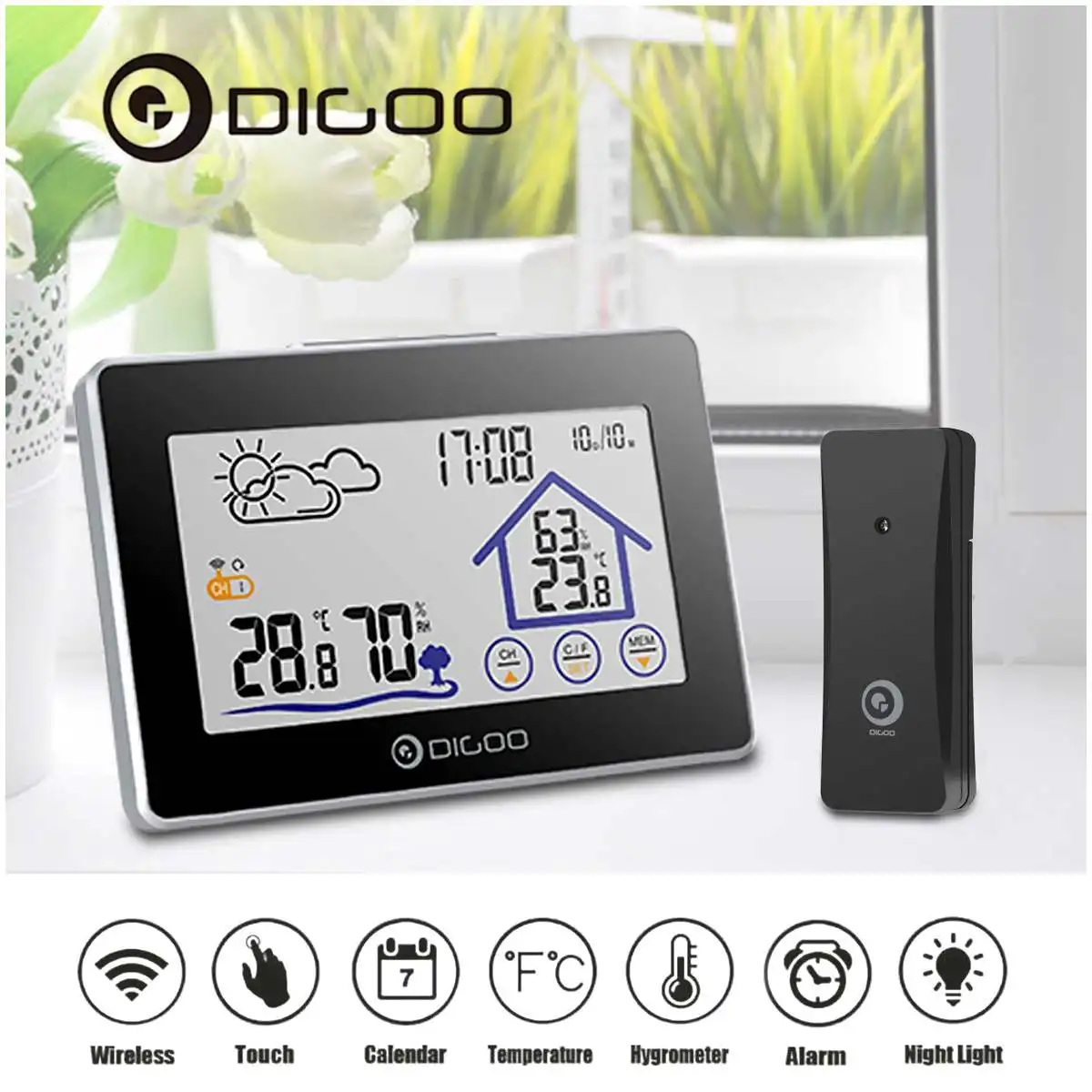 

Digoo DG-TH8380 IN/Outdoor Sensor Clock Big Screen Weather Station Thermometer Forecast Sensorwith Temperature Humidity