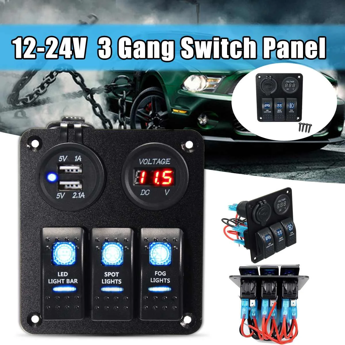 

DC 12-24V Rocker Switch Panel USB Socket Power Volt Meterr Charger LED Rocker Switch Panel Dual USB Charger Cigarette Socket