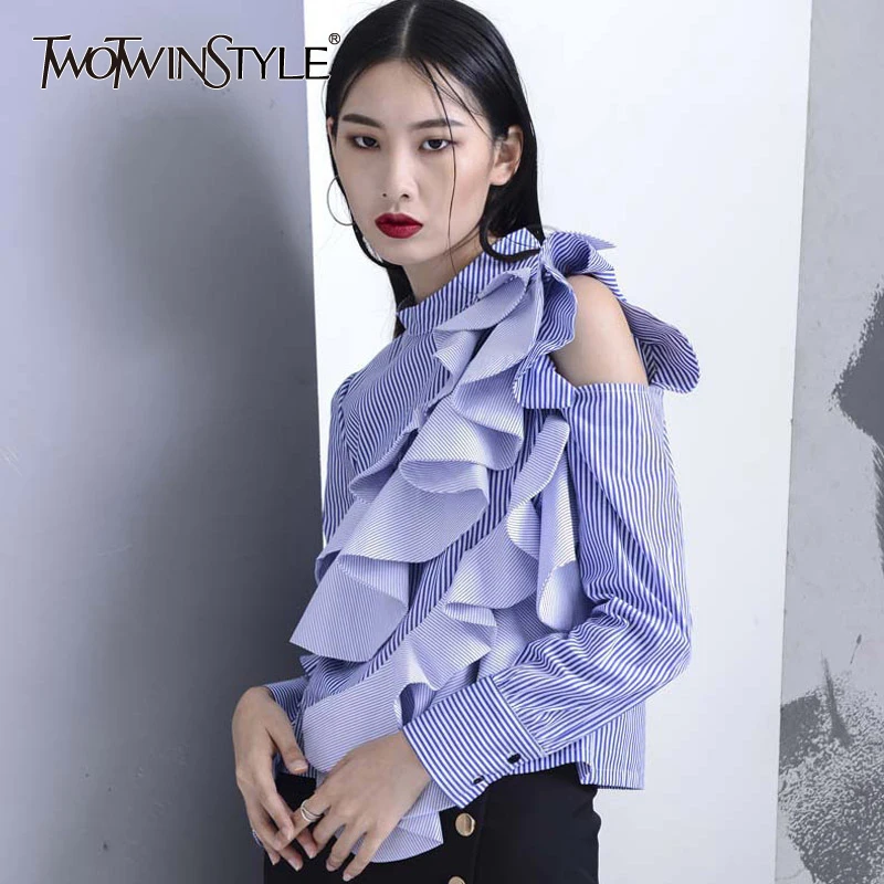 

TWOTWINSTYLE Blue Tops Blouse Long Sleeve Women's Shirts Off Shoulder Ruffle Striped Female Clothes Korean Fashion 2019 Summer