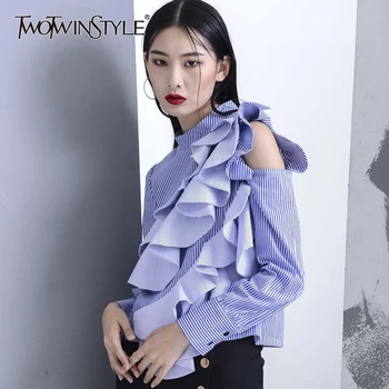 

TWOTWINSTYLE Blue Tops Blouse Long Sleeve Women's Shirts Off Shoulder Ruffle Striped Female Clothes Korean Fashion 2020 Summer