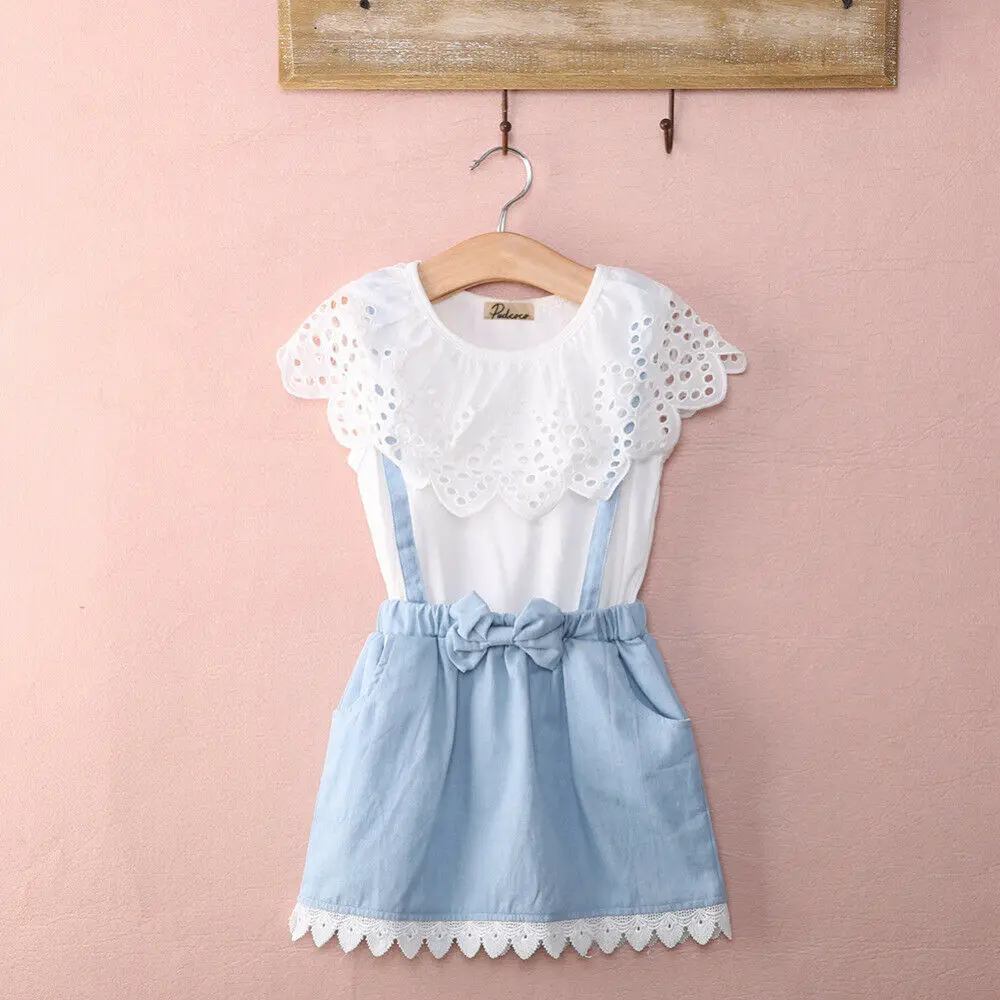 

2019 Newborn Baby Girl Ruffles Tops T-shirt Denim Strap Dress Outfit Clothes Set