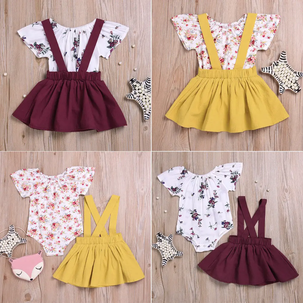 

Pudcoco Girl Set 0-18M AU STOCK 2PCS Infant Baby Kid Girl Romper Tops+Suspender Skirt Overalls