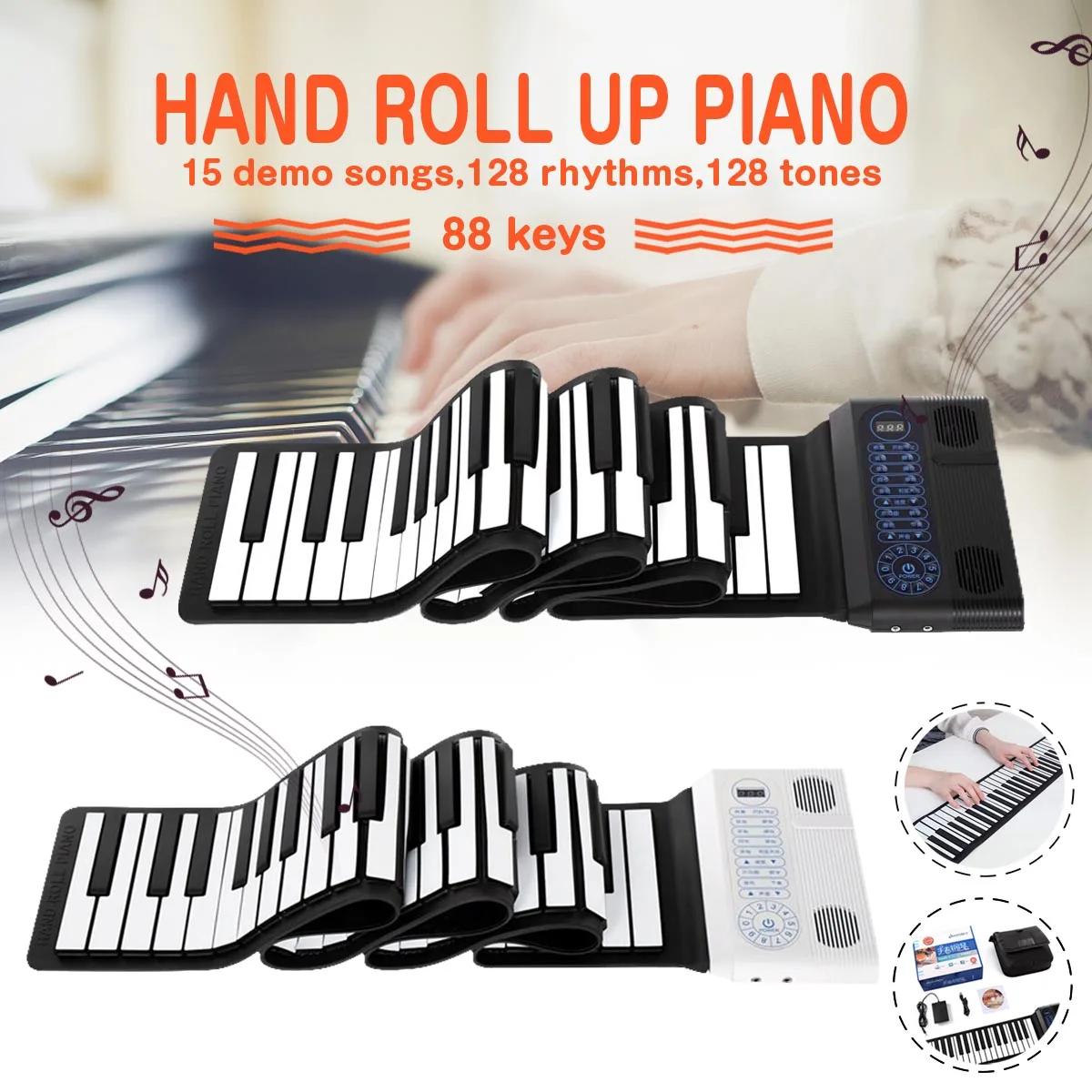 

S2090 Hand Roll Piano Flexible Roll Up 88 Keys Keyboard 128 Maximum Polyphony Portable Silicone Piano